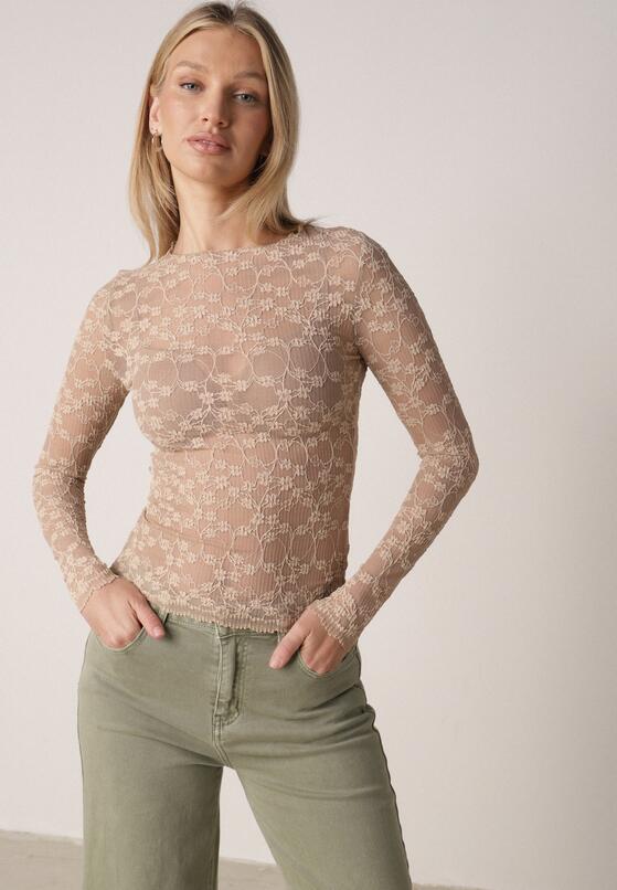Beżowa Bluzka Koronkowa z Transparentnego Materiału Hermatea 1