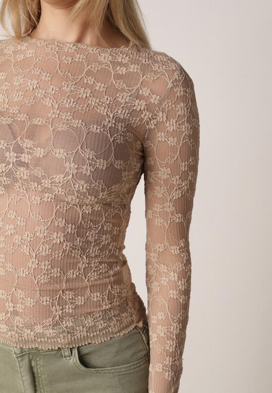 Beżowa Bluzka Koronkowa z Transparentnego Materiału Hermatea 5