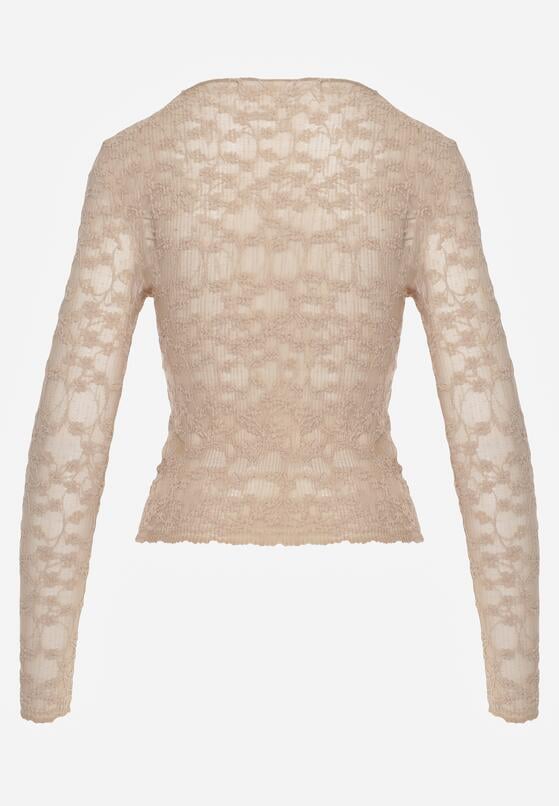 Beżowa Bluzka Koronkowa z Transparentnego Materiału Hermatea 7