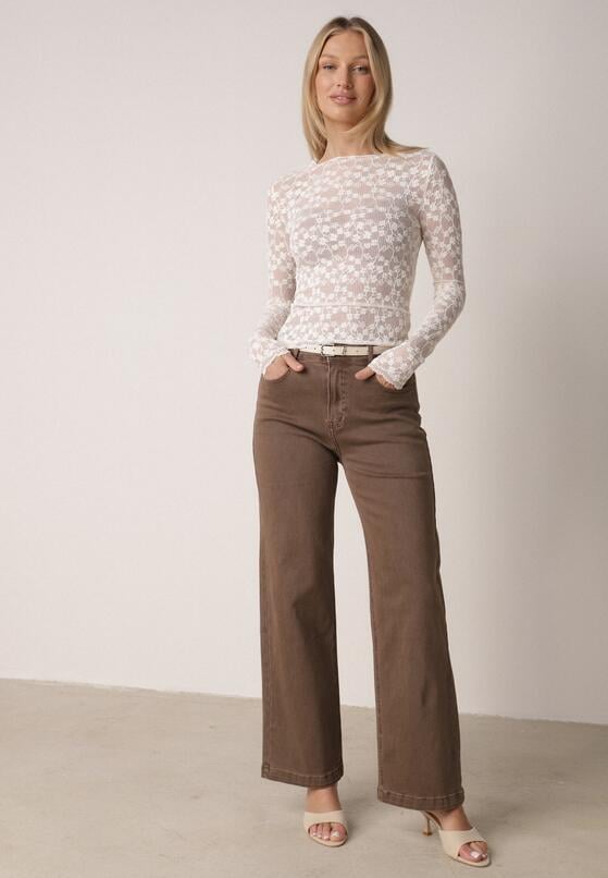 Beżowy Bluzka Koronkowa z Transparentnego Materiału Hermatea 2