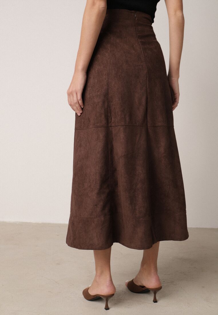 Brązowa Rozkloszowana Spódnica z Imitacji Zamszu Basara 3