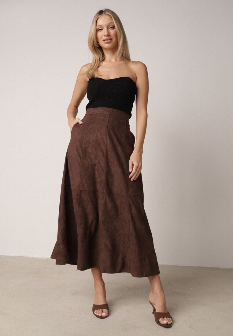 Brązowa Rozkloszowana Spódnica z Imitacji Zamszu Basara 4