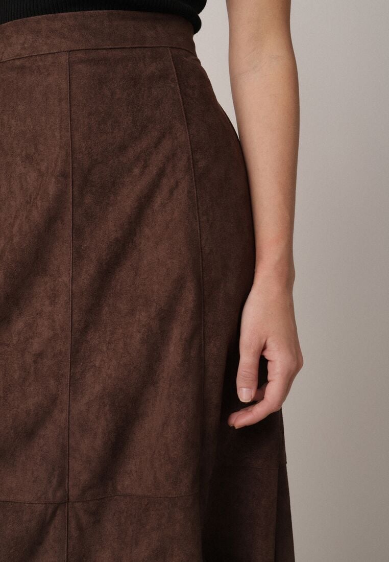 Brązowa Rozkloszowana Spódnica z Imitacji Zamszu Basara 5