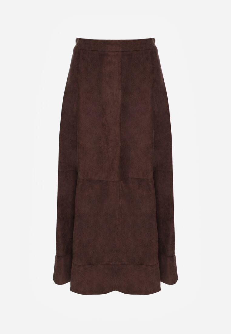 Brązowa Rozkloszowana Spódnica z Imitacji Zamszu Basara 6