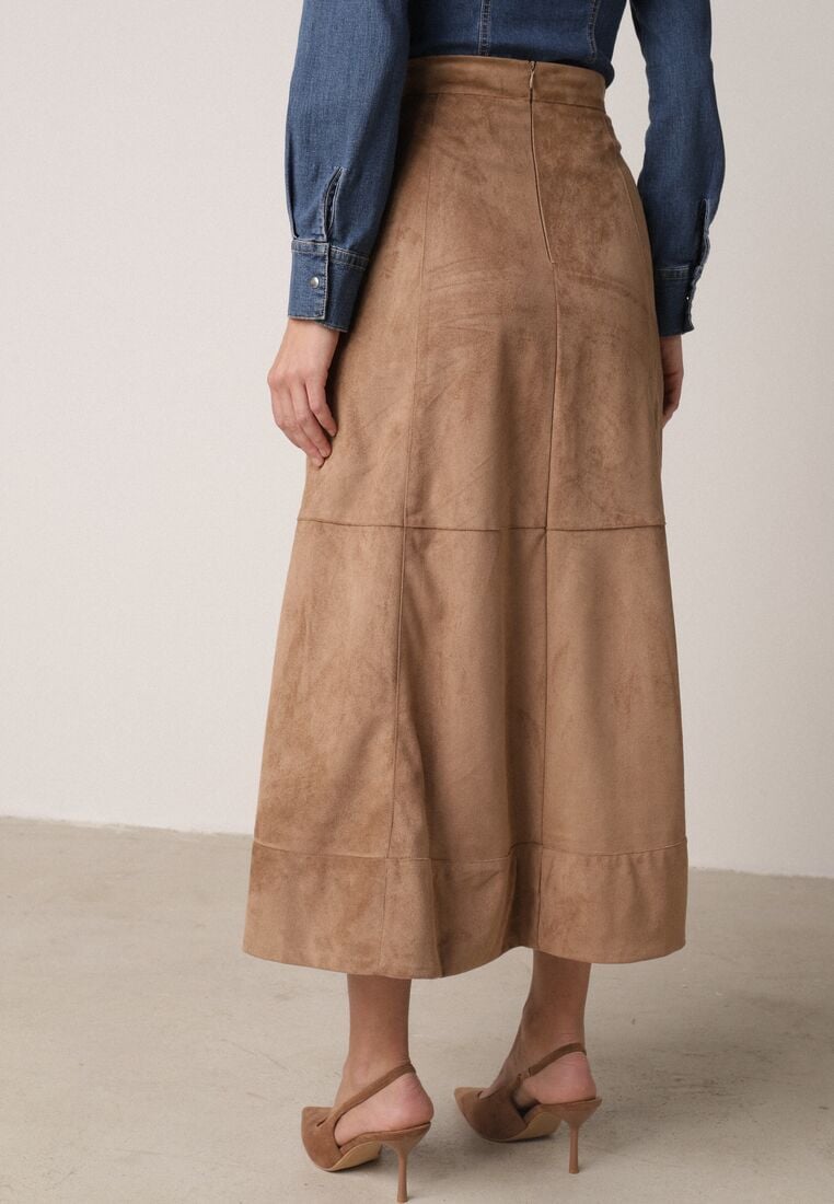Beżowa Rozkloszowana Spódnica z Imitacji Zamszu Basara 3
