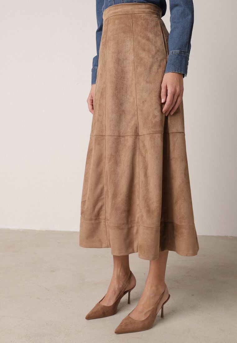 Beżowa Rozkloszowana Spódnica z Imitacji Zamszu Basara 4