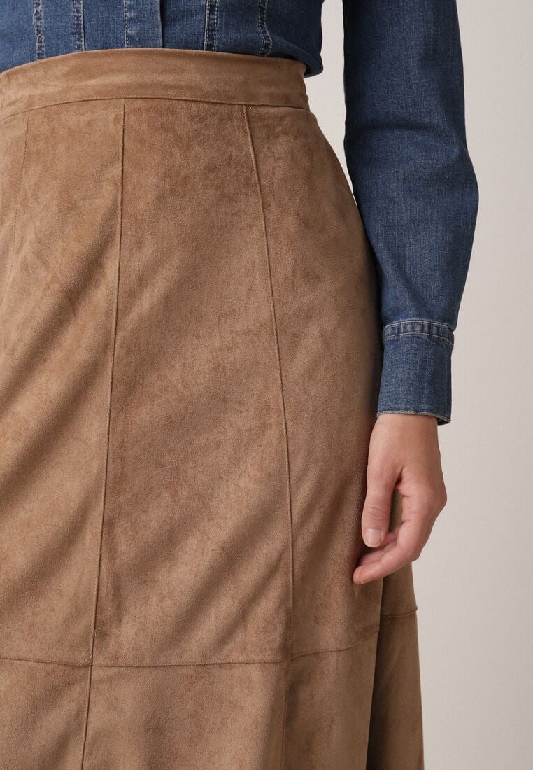 Beżowa Rozkloszowana Spódnica z Imitacji Zamszu Basara 5