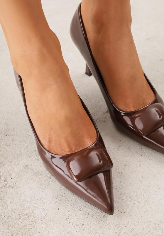 Brązowe Lakierowane Czółenka na Szpilce z Ozdobą Aroanoire 3