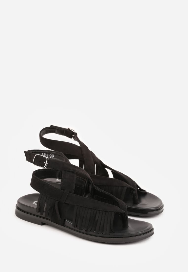 Czarne Sandały w Stylu Rzymianek z Frędzlami Lysoph 5