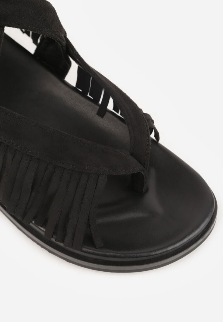 Czarne Sandały w Stylu Rzymianek z Frędzlami Lysoph 8