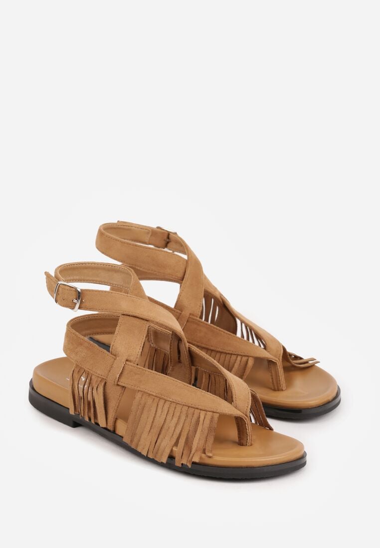 Ciemnobeżowe Sandały w Stylu Rzymianek z Frędzlami Lysoph 5