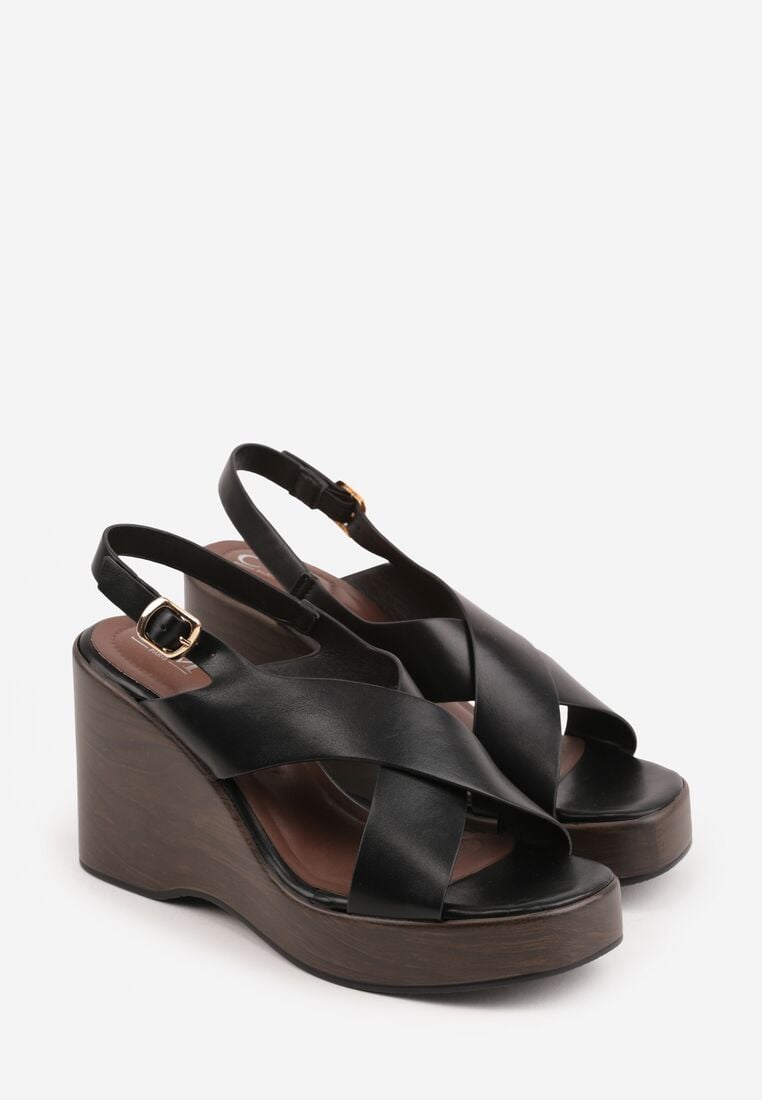 Czarne Sandały na Koturnie i Platformie Ozdobione Dwoma Paskami Daphnone 5