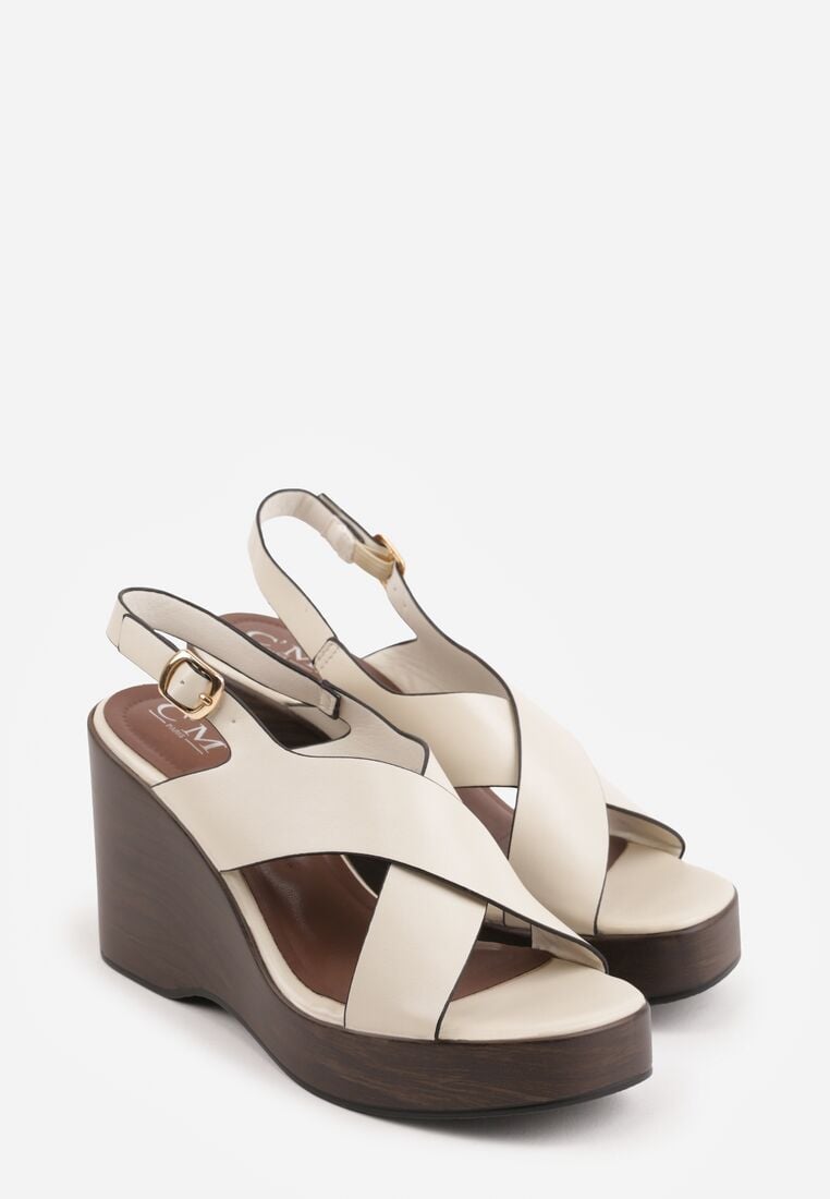 Beżowe Sandały na Koturnie i Platformie Ozdobione Dwoma Paskami Daphnone 5