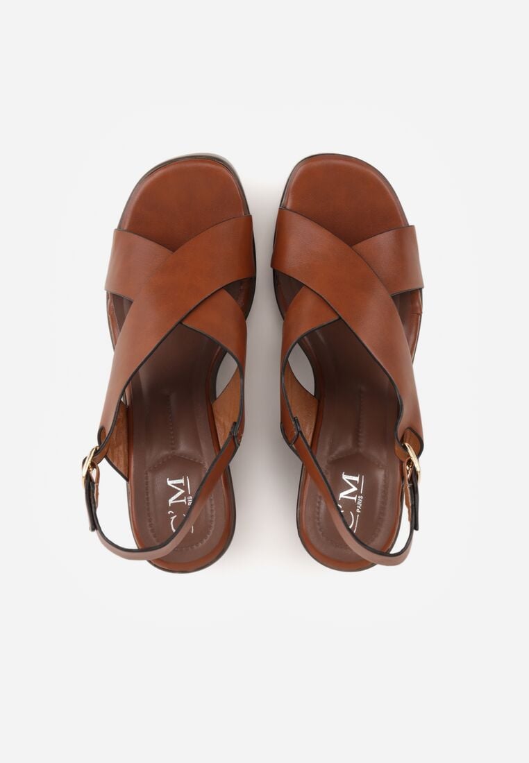 Jasnobrązowe Sandały na Koturnie i Platformie Ozdobione Dwoma Paskami Daphnone 6