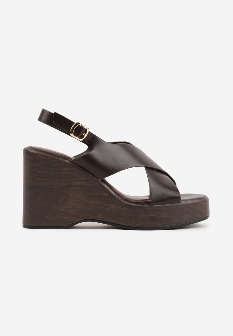 Brązowe Sandały na Koturnie i Platformie Ozdobione Dwoma Paskami Daphnone 4