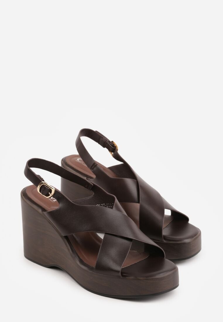 Brązowe Sandały na Koturnie i Platformie Ozdobione Dwoma Paskami Daphnone 5