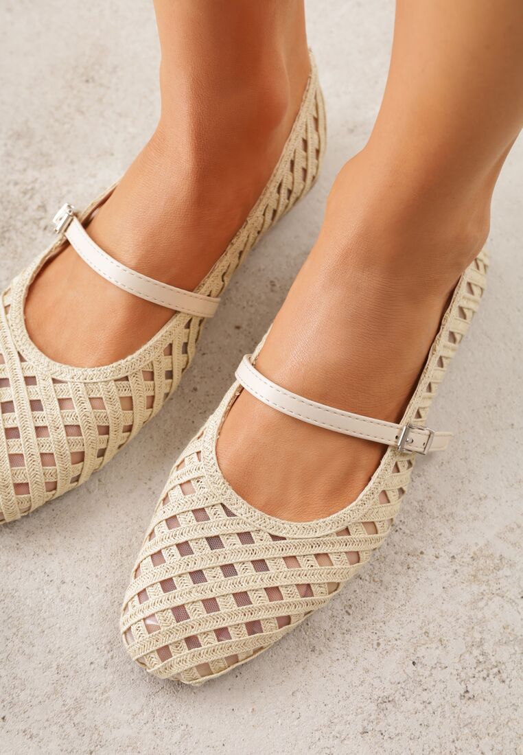 Jasnobeżowe Balerinki Ozdobione Ażurowym Motywem i Paskiem Nonaniassi 3