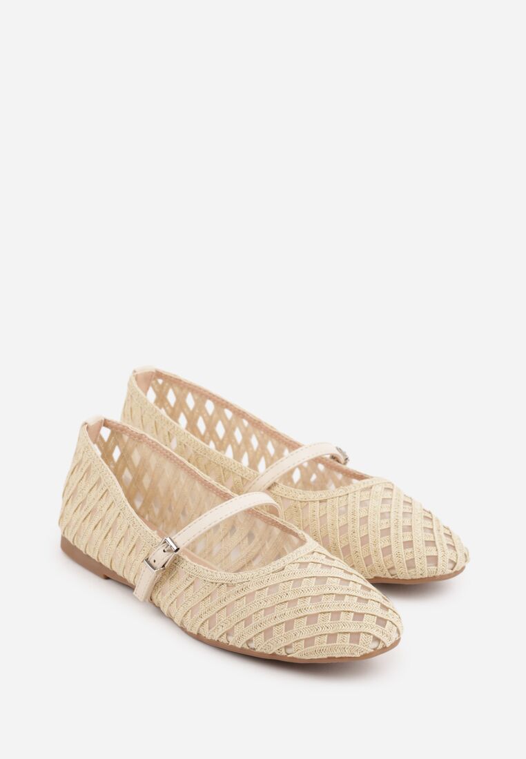 Jasnobeżowe Balerinki Ozdobione Ażurowym Motywem i Paskiem Nonaniassi 5