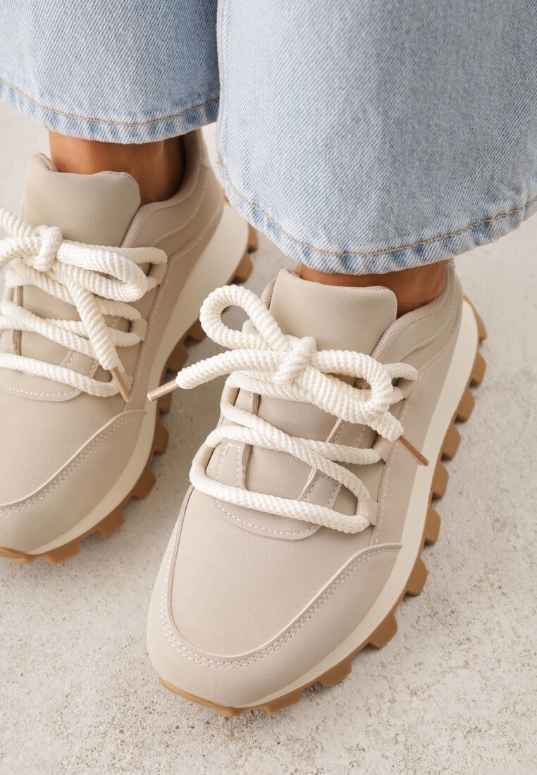 Beżowe Sneakersy na Grubej Tłoczonej Podeszwie Zerda 3