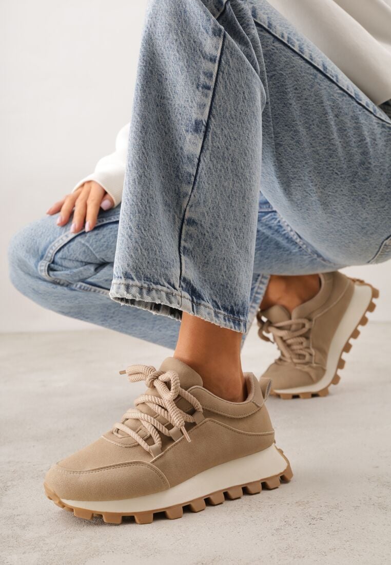 Ciemnobeżowe Sneakersy na Grubej Tłoczonej Podeszwie Zerda 2