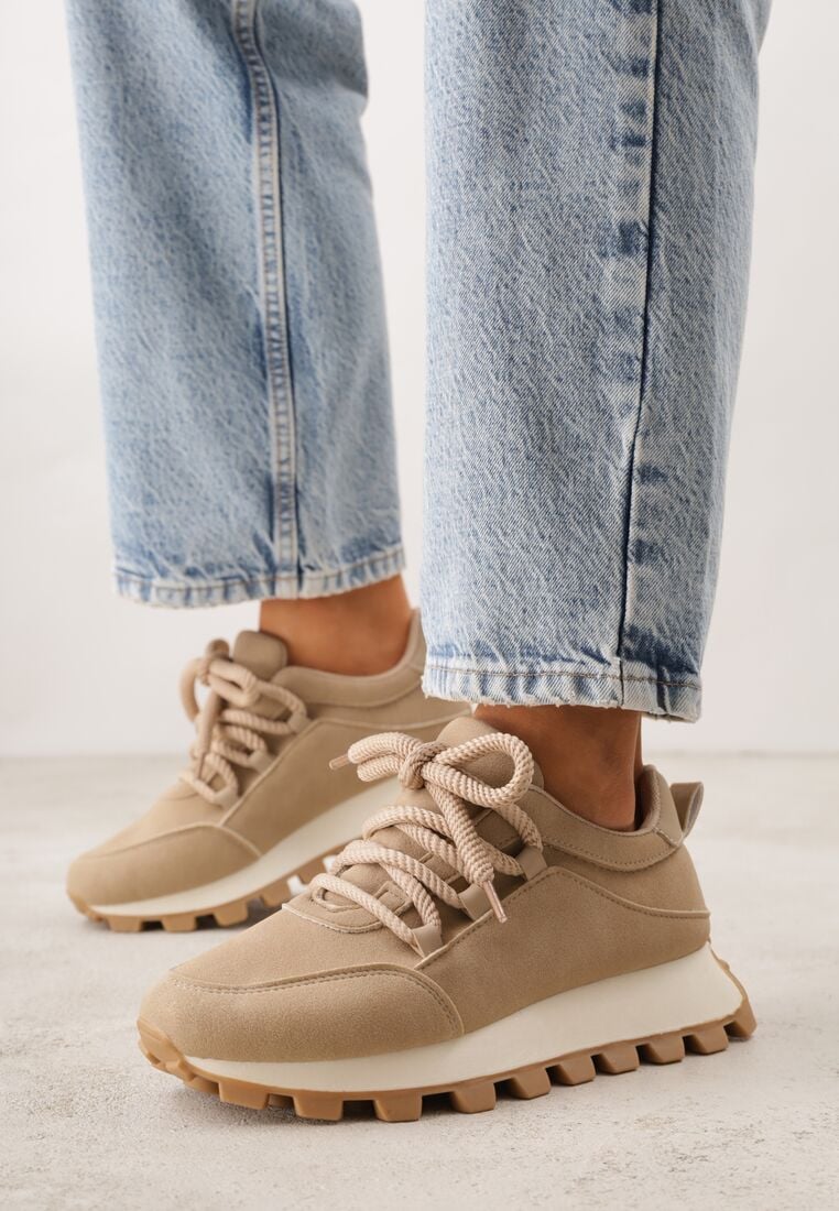 Ciemnobeżowe Sneakersy na Grubej Tłoczonej Podeszwie Zerda 1