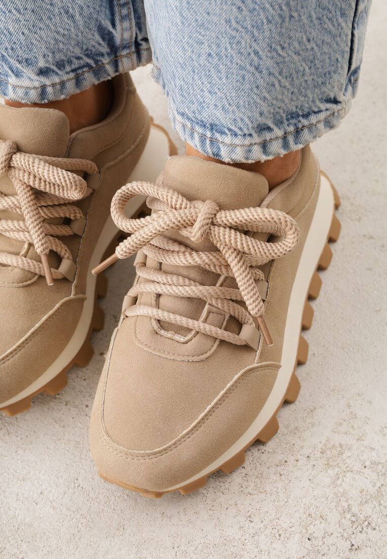 Ciemnobeżowe Sneakersy na Grubej Tłoczonej Podeszwie Zerda 3