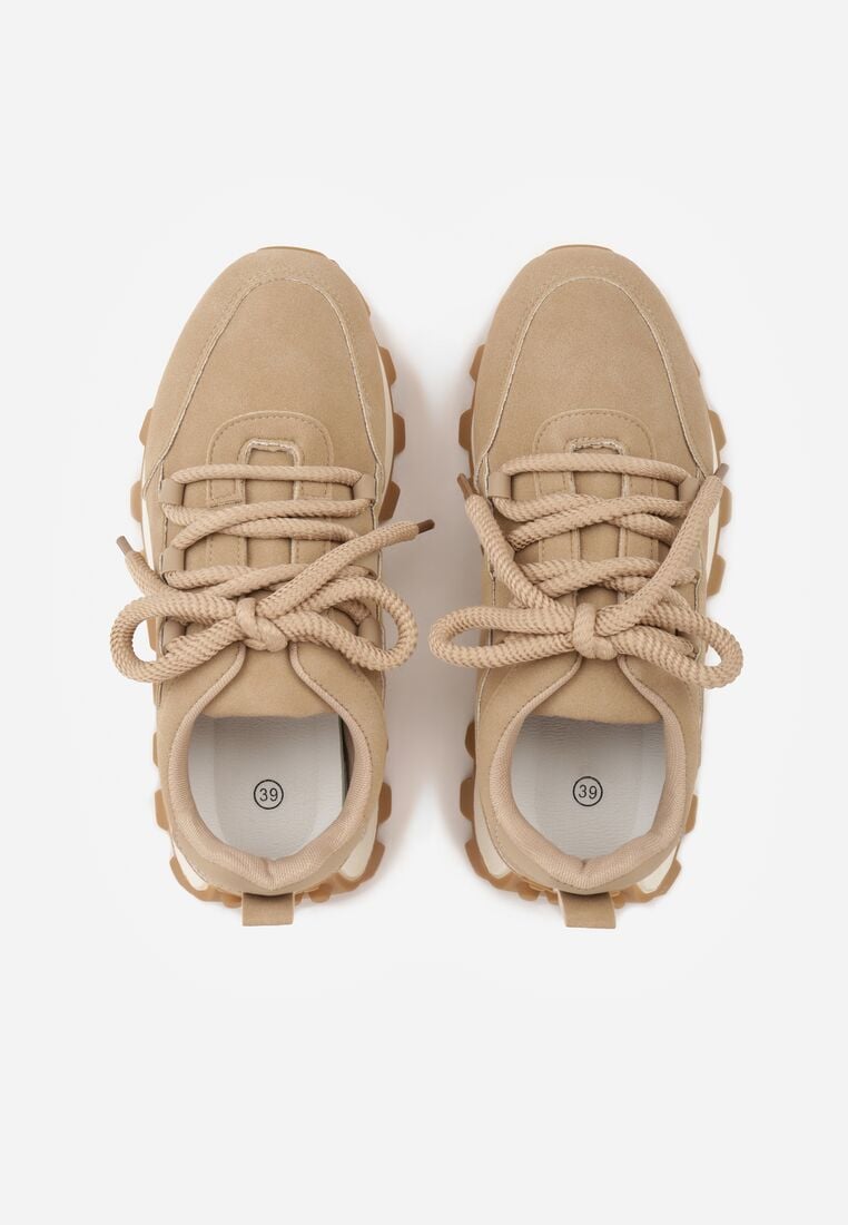 Ciemnobeżowe Sneakersy na Grubej Tłoczonej Podeszwie Zerda 6