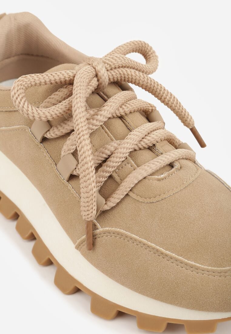 Ciemnobeżowe Sneakersy na Grubej Tłoczonej Podeszwie Zerda 9