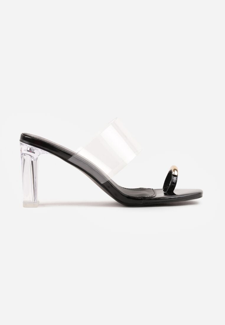 Czarne Klapki na Słupku z Transparentnym Paskiem i Obcasem Ryrnell 4