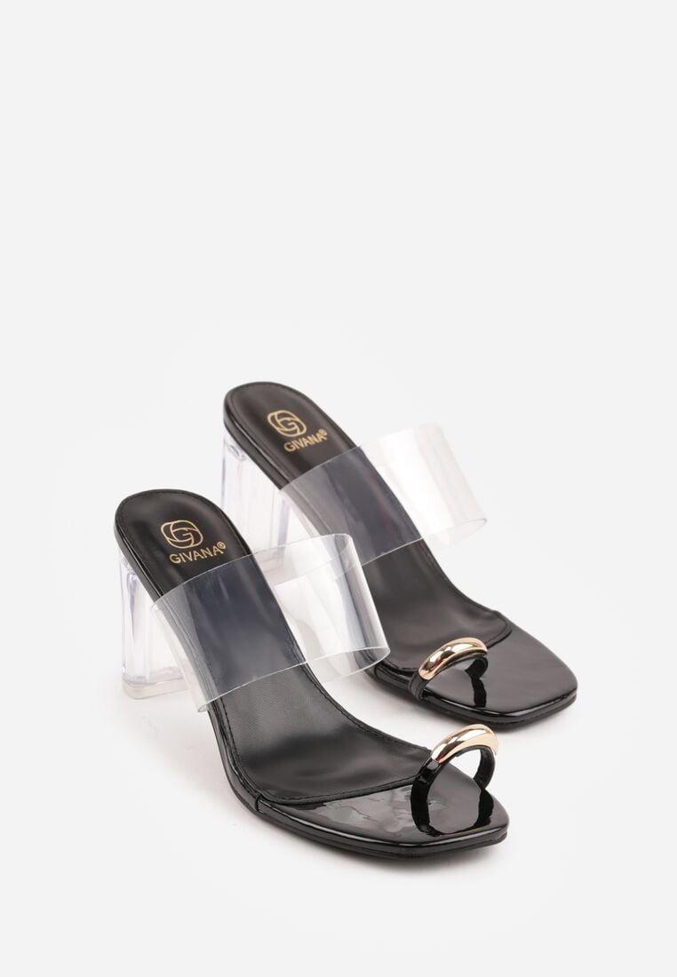 Czarne Klapki na Słupku z Transparentnym Paskiem i Obcasem Ryrnell 5