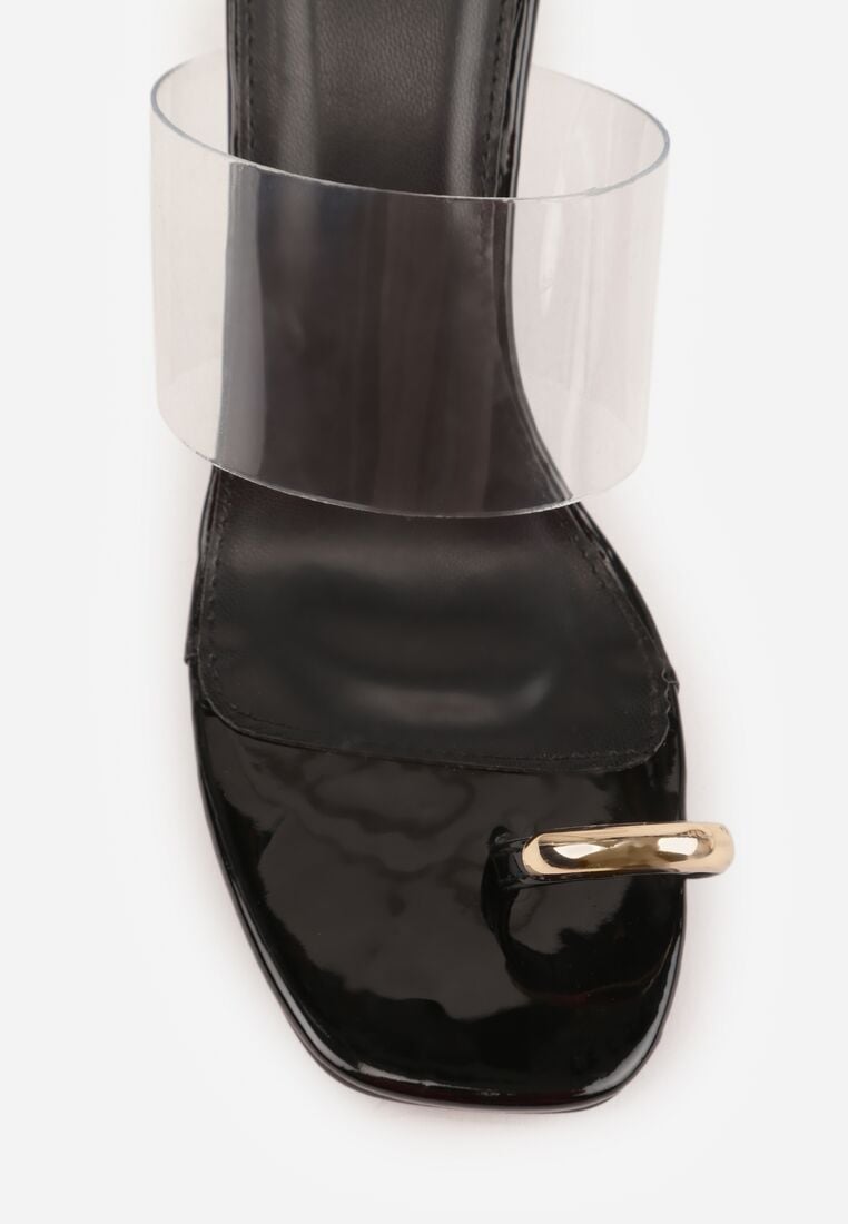 Czarne Klapki na Słupku z Transparentnym Paskiem i Obcasem Ryrnell 9