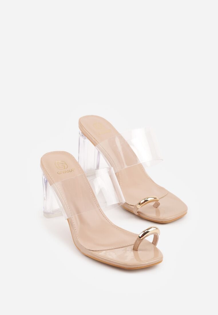 Beżowe Klapki na Słupku z Transparentnym Paskiem i Obcasem Ryrnell 5