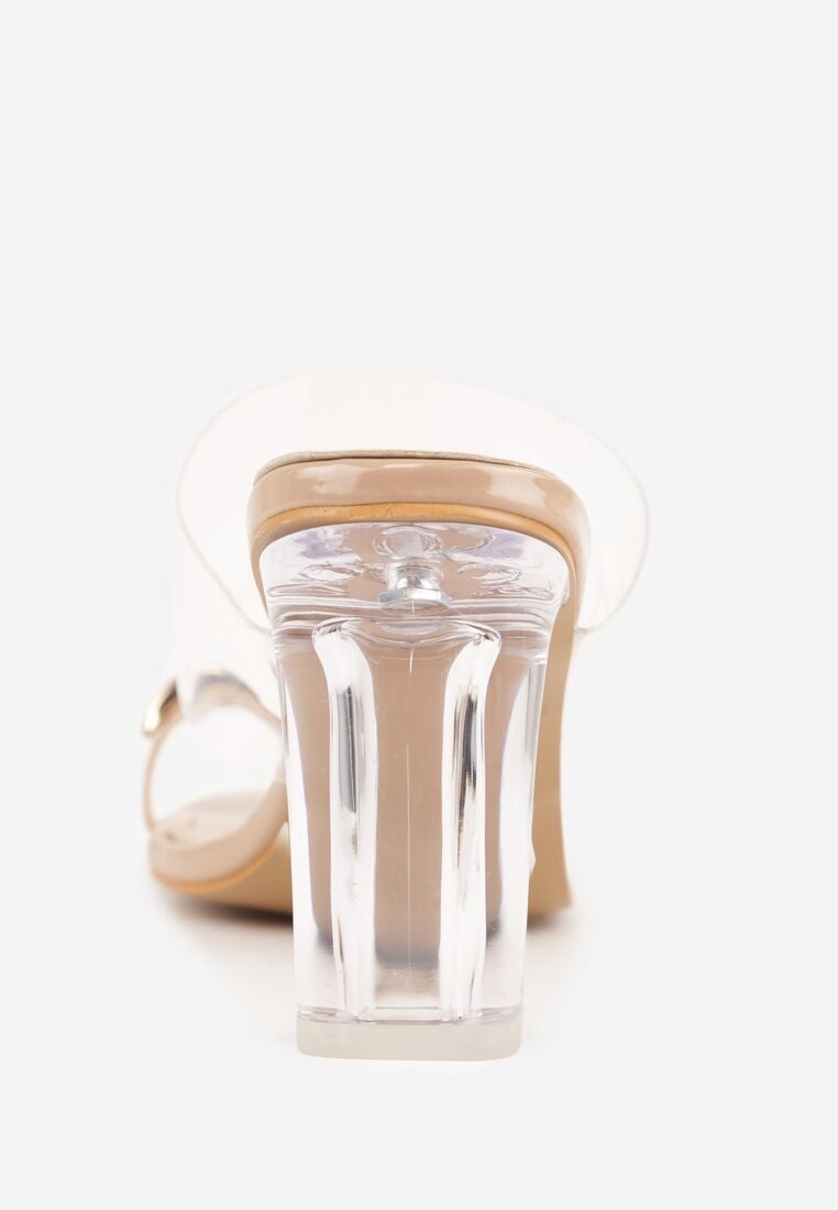 Beżowe Klapki na Słupku z Transparentnym Paskiem i Obcasem Ryrnell 8