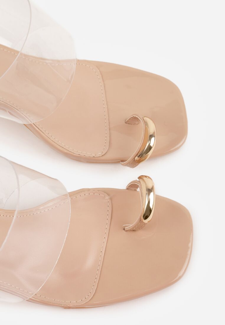 Beżowe Klapki na Słupku z Transparentnym Paskiem i Obcasem Ryrnell 9