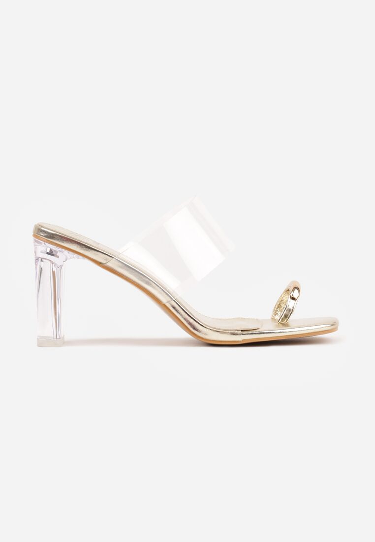 Złote Klapki na Słupku z Transparentnym Paskiem i Obcasem Ryrnell 4