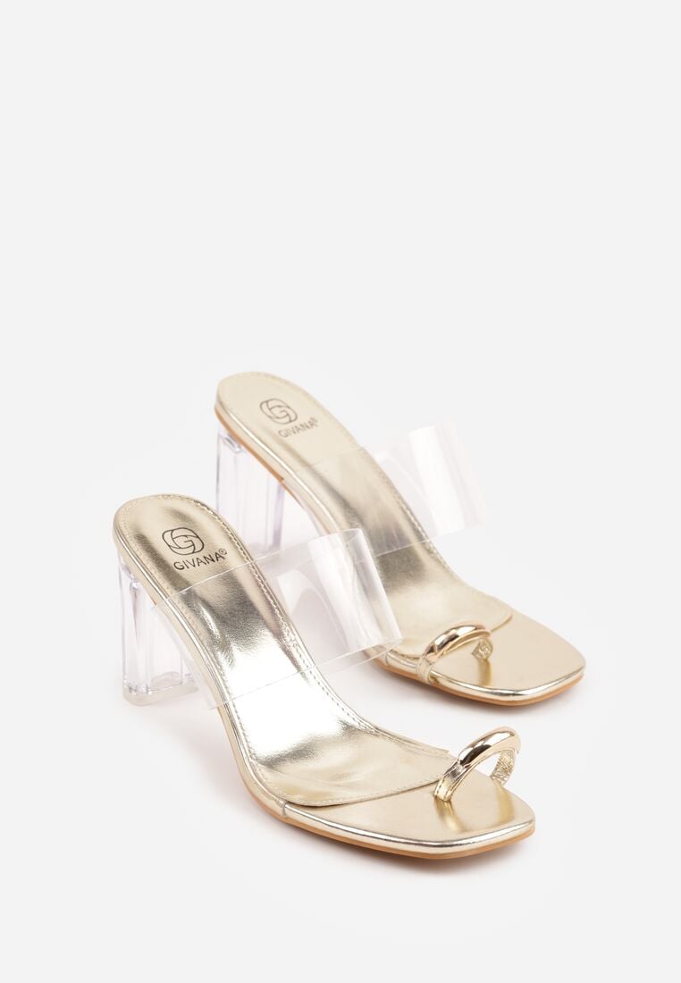 Złote Klapki na Słupku z Transparentnym Paskiem i Obcasem Ryrnell 5