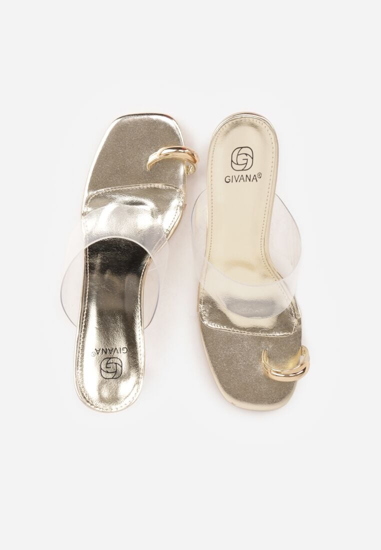 Złote Klapki na Słupku z Transparentnym Paskiem i Obcasem Ryrnell 6