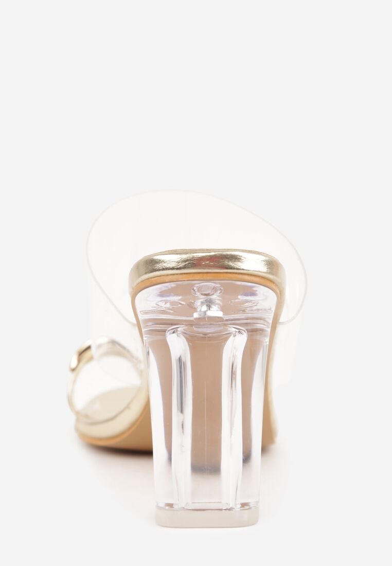 Złote Klapki na Słupku z Transparentnym Paskiem i Obcasem Ryrnell 9