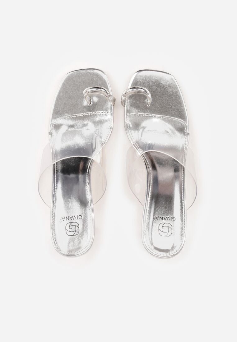 Srebrne Klapki na Słupku z Transparentnym Paskiem i Obcasem Ryrnell 6