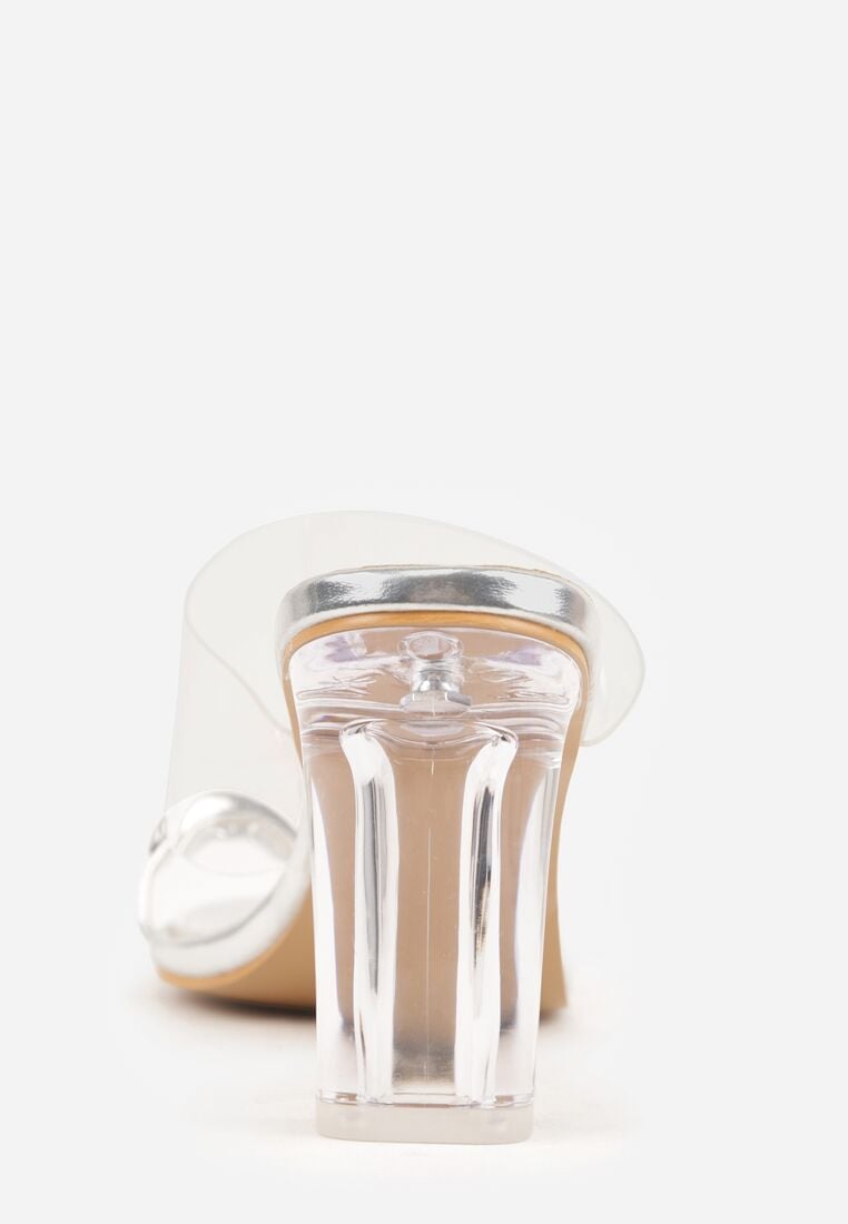 Srebrne Klapki na Słupku z Transparentnym Paskiem i Obcasem Ryrnell 8