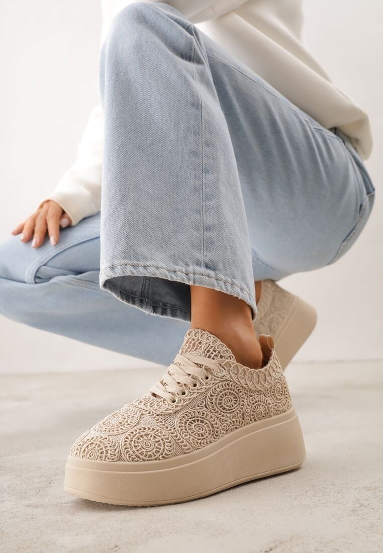 Beżowe Sneakersy z Plecionki na Grubej Podeszwie w Stylu Boho Dacara 2