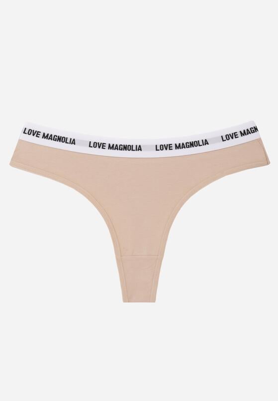 Beżowe Majtki Typu Stringi z Bawełną i Napisami Veza 1