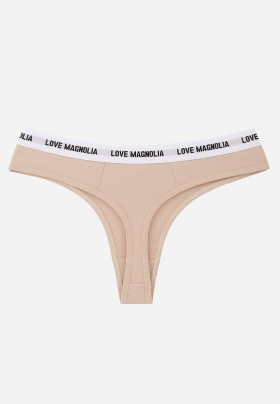 Beżowe Majtki Typu Stringi z Bawełną i Napisami Veza 2