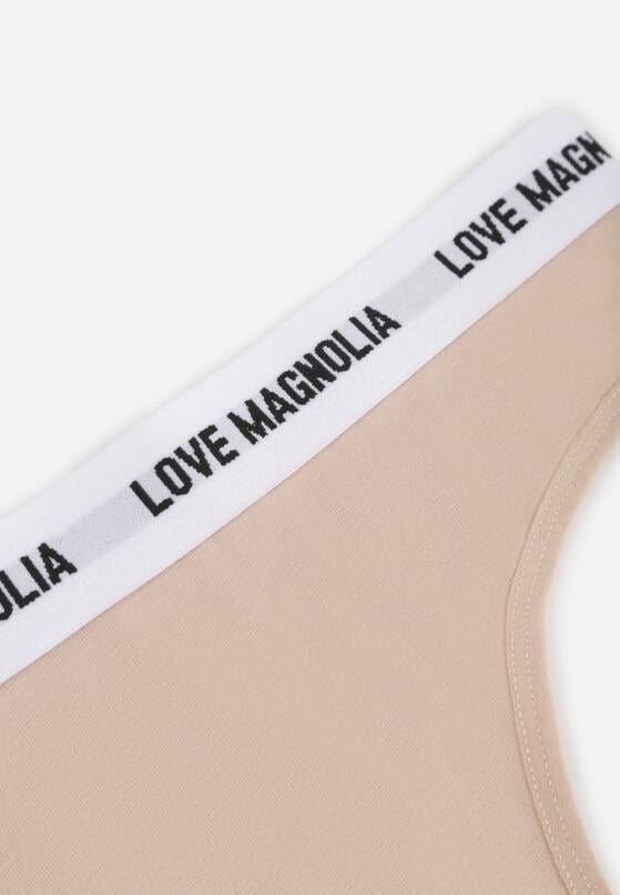 Beżowe Majtki Typu Stringi z Bawełną i Napisami Veza 3