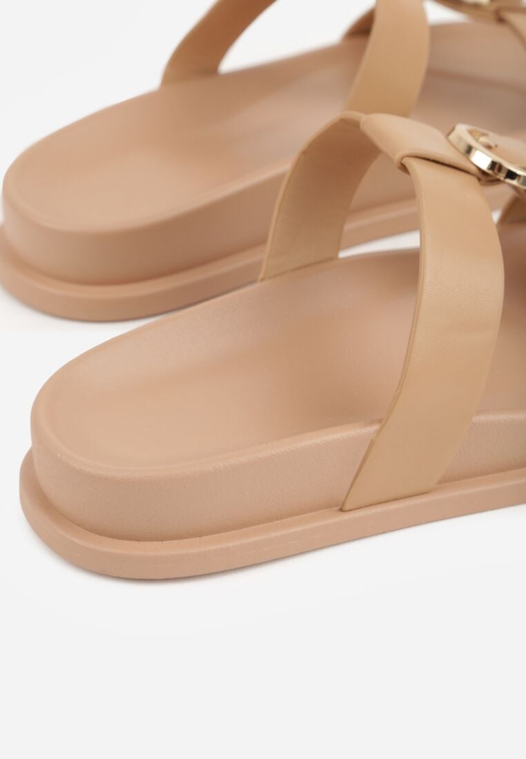 Ciemnobeżowe Klapki z Ozdobną Klamrą i Paskiem Kaidine 9