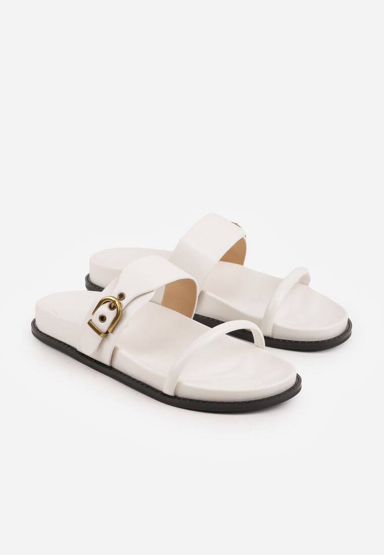 Białe Klapki z Dwoma Paskami i Metaliczną Klamrą Doriax 5