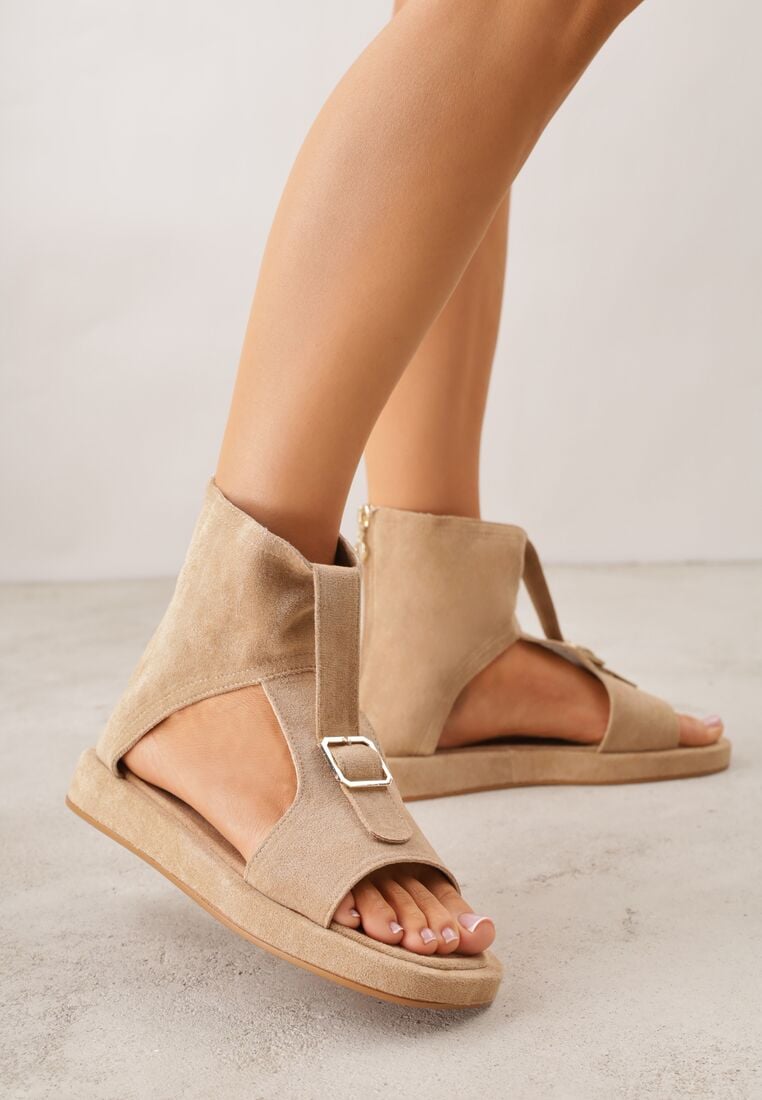 Ciemnobeżowe Sandały w Stylu Botków z Ozdobną Klamrą Theaneasi 1