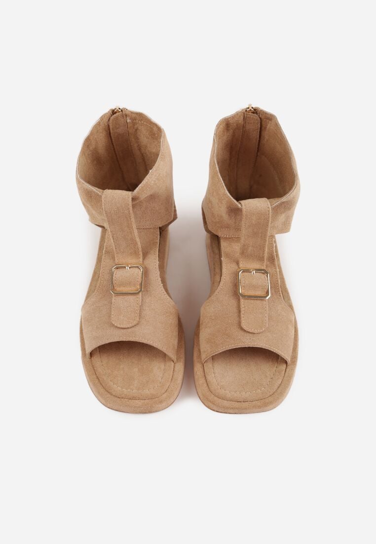 Ciemnobeżowe Sandały w Stylu Botków z Ozdobną Klamrą Theaneasi 6