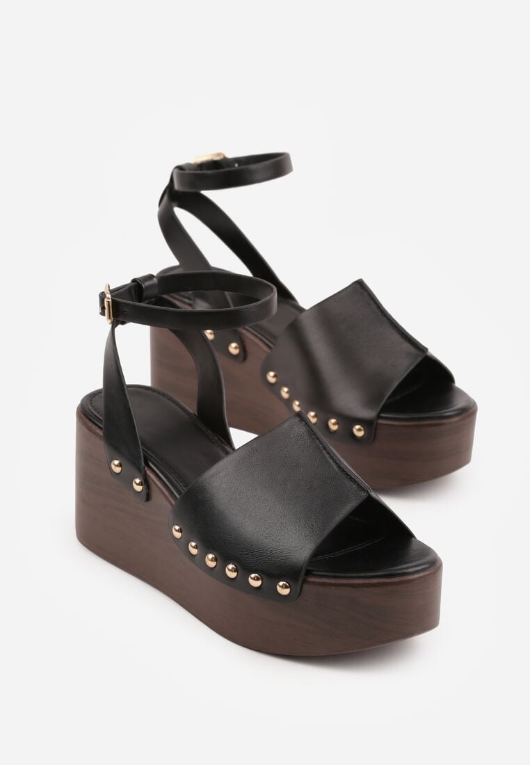 Czarne Sandały na Koturnie i Platformie Ozdobione Nitami Rhethe 5