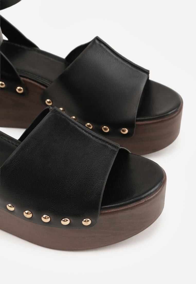 Czarne Sandały na Koturnie i Platformie Ozdobione Nitami Rhethe 8